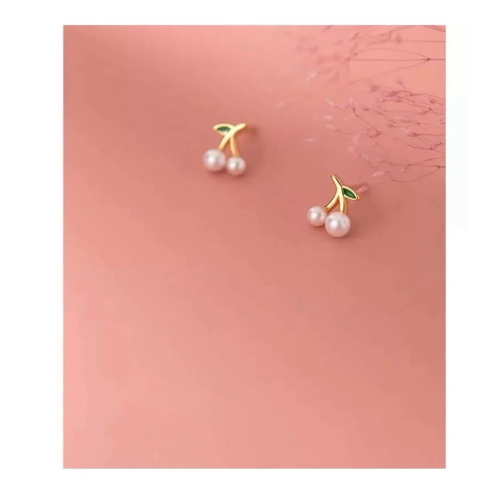 NEW Women's‎ Earrings Gold Plated S925 Dainty Cherries Studs Size 0.7 x 0.3 cm